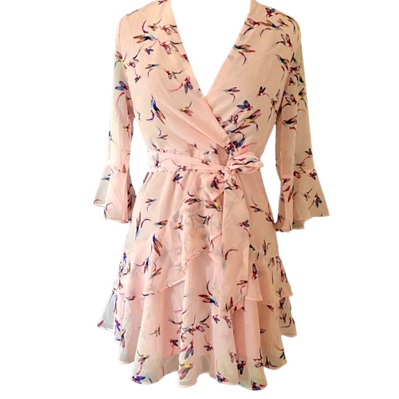 NWOT Millibon pretty Hummingbird dress Sheer Layers fitted top flouncy bottom - Picture 8 of 9